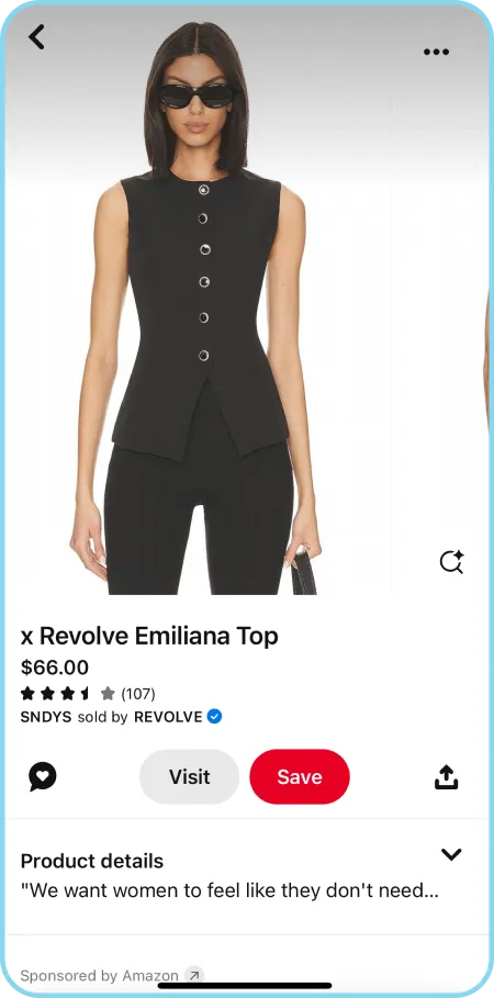 Black Revolve Emiliana top displayed on Pinterest with price and product details.