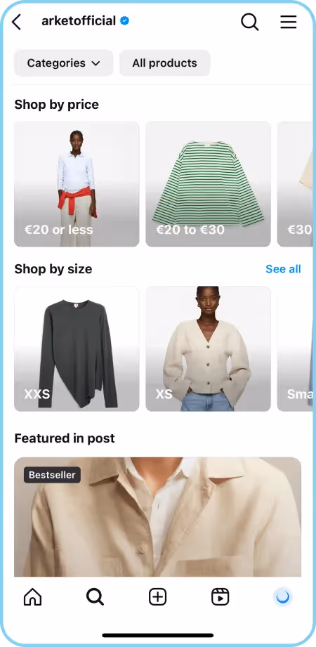 Instagram shopping interface showing clothing sorted by price and size.
