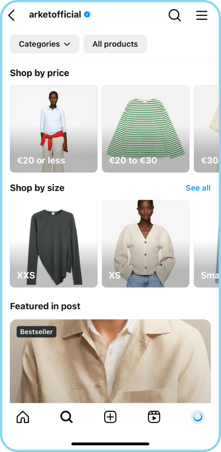 Instagram shopping interface showing clothing sorted by price and size.