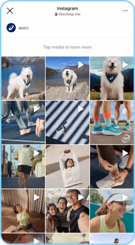 Instagram shop grid for Asics featuring fitness content and athletic apparel.