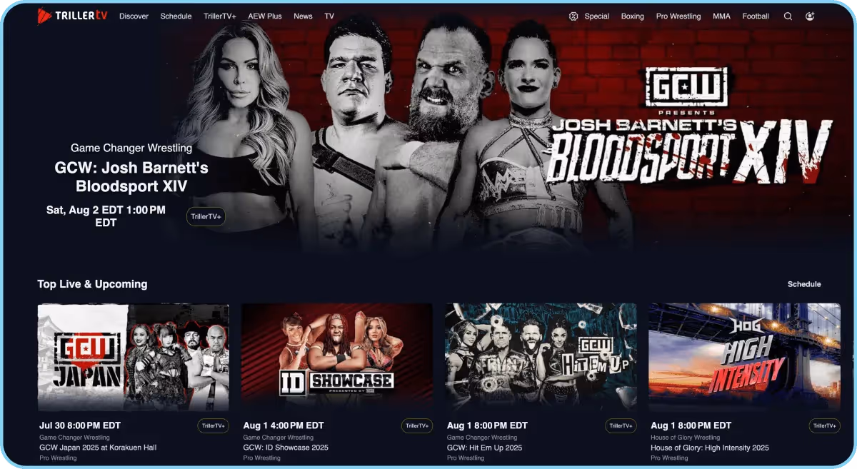 TrillerTV homepage showing upcoming GCW pro wrestling events and shows.