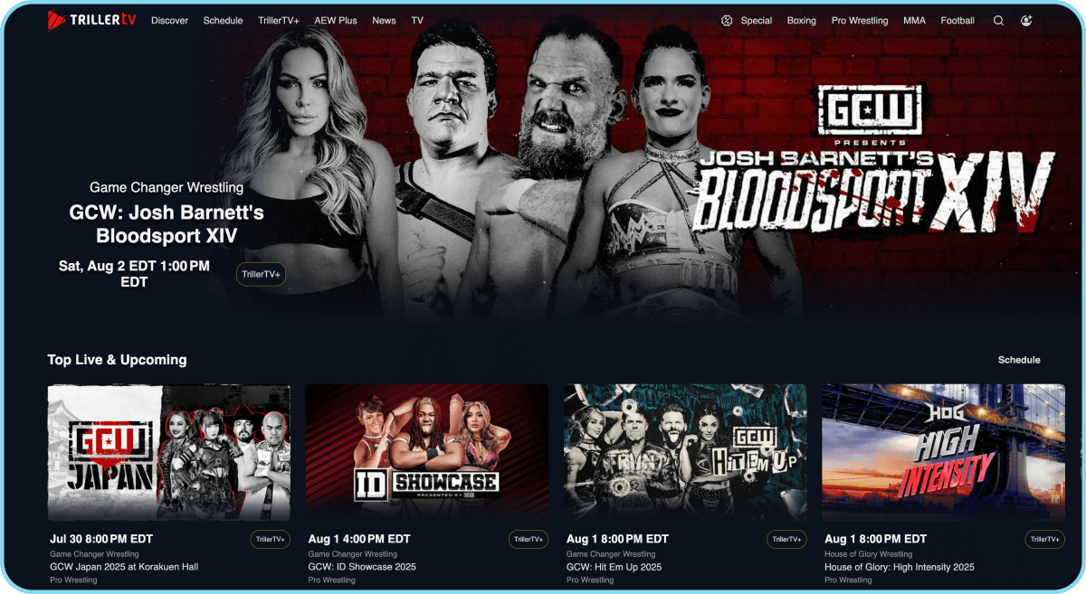 TrillerTV homepage showing upcoming GCW pro wrestling events and shows.