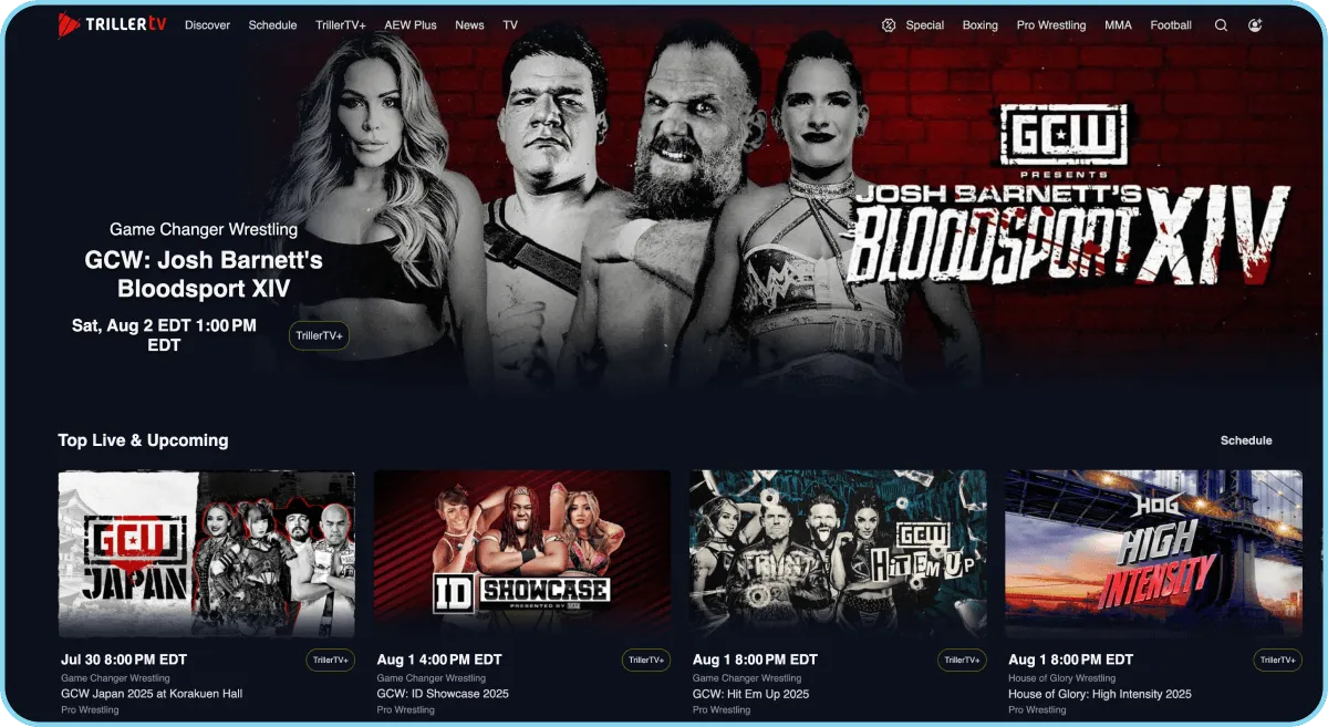 TrillerTV homepage showing upcoming GCW pro wrestling events and shows.