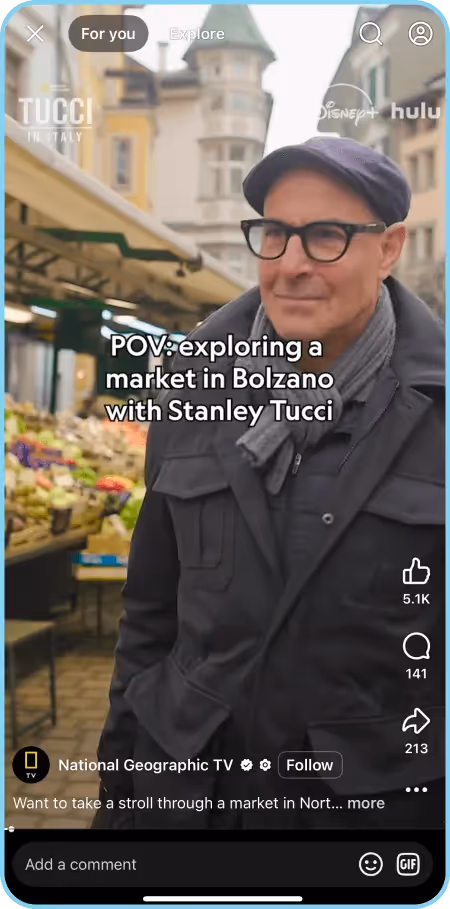 Stanley Tucci visits a market in Bolzano in a National Geographic video clip.