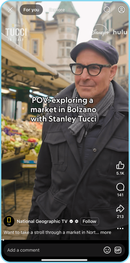 Stanley Tucci visits a market in Bolzano in a National Geographic video clip.