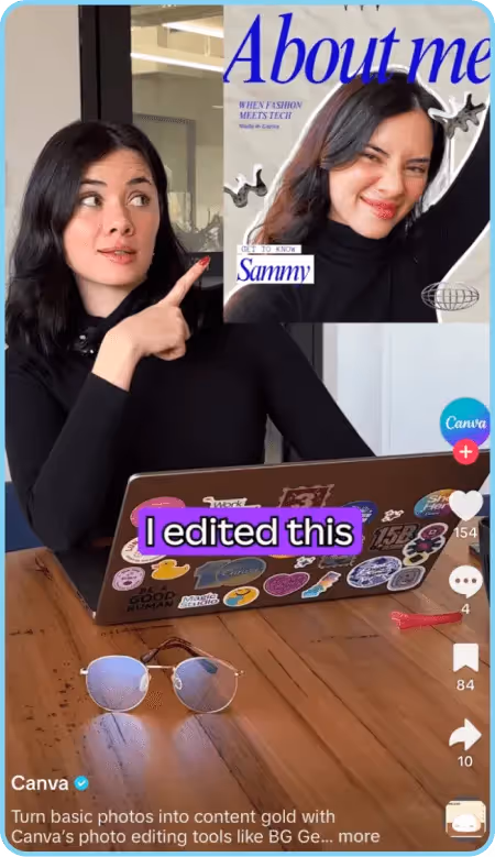 oman pointing at Canva-designed magazine cover on TikTok with laptop in front.