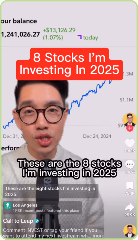 TikTok of man discussing eight stocks to invest in for 2025 with chart behind.