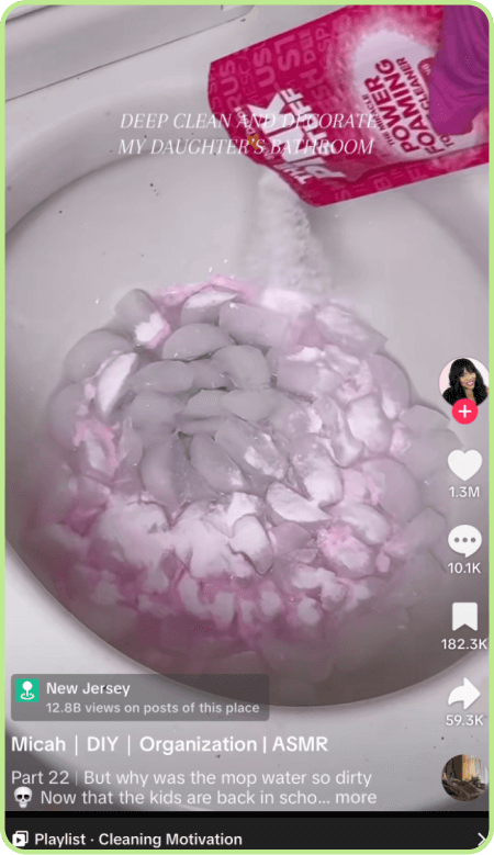TikTok of pink cleaning powder and ice poured into a toilet for deep clean.