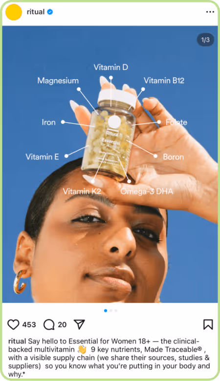 instagram post of person holding Ritual multivitamins bottle labeled with nutrients
