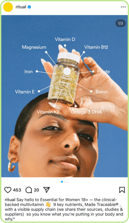 instagram post of person holding Ritual multivitamins bottle labeled with nutrients