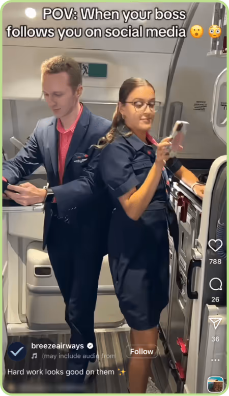 Instagram video of two Breeze Airways flight attendants standing in airplane galley.