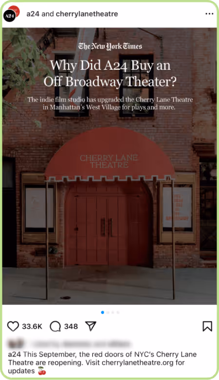 Instagram post showing Cherry Lane Theatre red entrance with A24 headline overlay.