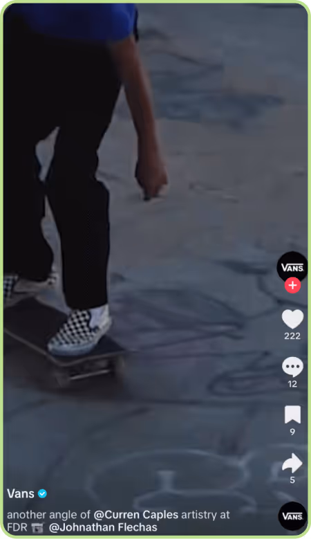 TikTok close-up of skateboarder’s legs and Vans shoes riding at skatepark.