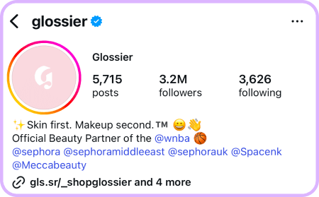 Glossier Instagram profile showing follower count and brand partnerships