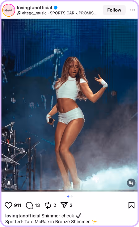 Tate McRae performing on stage wearing Loving Tan Bronze Shimmer in white outfit