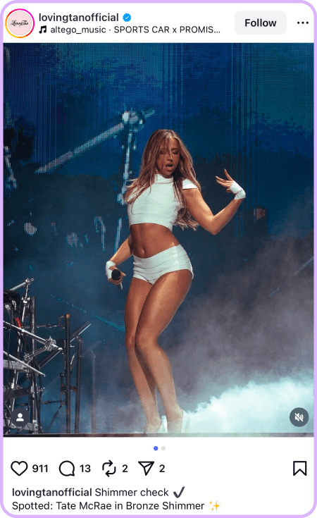 Tate McRae performing on stage wearing Loving Tan Bronze Shimmer in white outfit