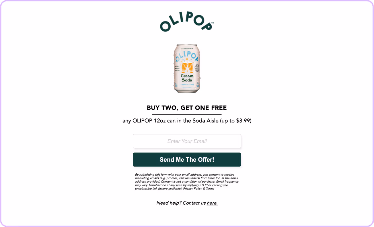 OLIPOP Cream Soda offer page with buy two get one free promotion and email signup
