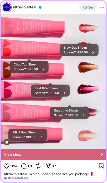 Ultraviolette Sheen SPF 50 lip products in various shades with product labels