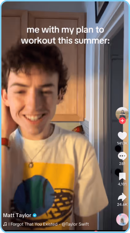 Man smiling in a graphic t-shirt with text above about summer workout plans.