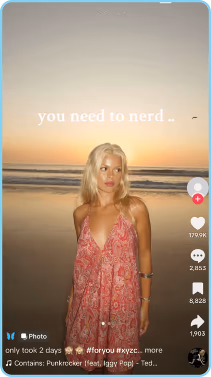 Woman in red paisley dress standing on the beach at sunset with text overlay.