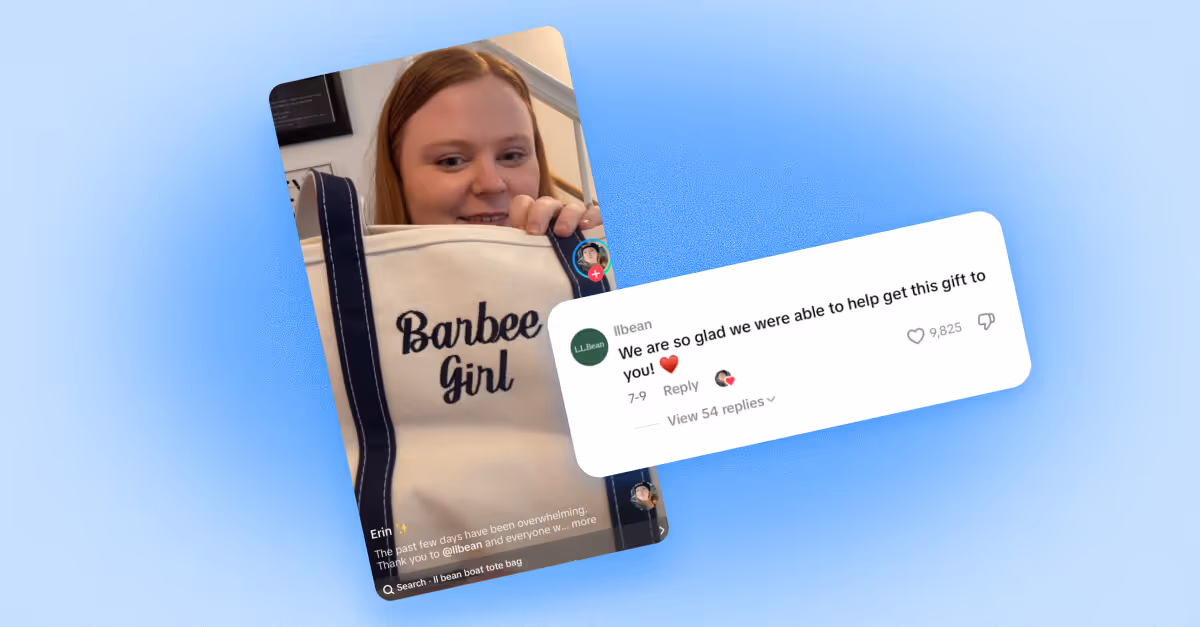Smiling woman shows custom tote bag in viral social media customer service moment from Dash Social.