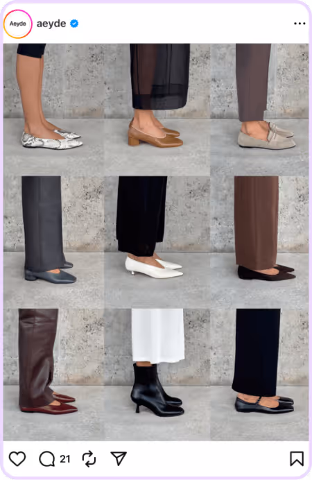 Grid of nine outfit shots showing women's legs styled with different Aeyde shoes against concrete wall
