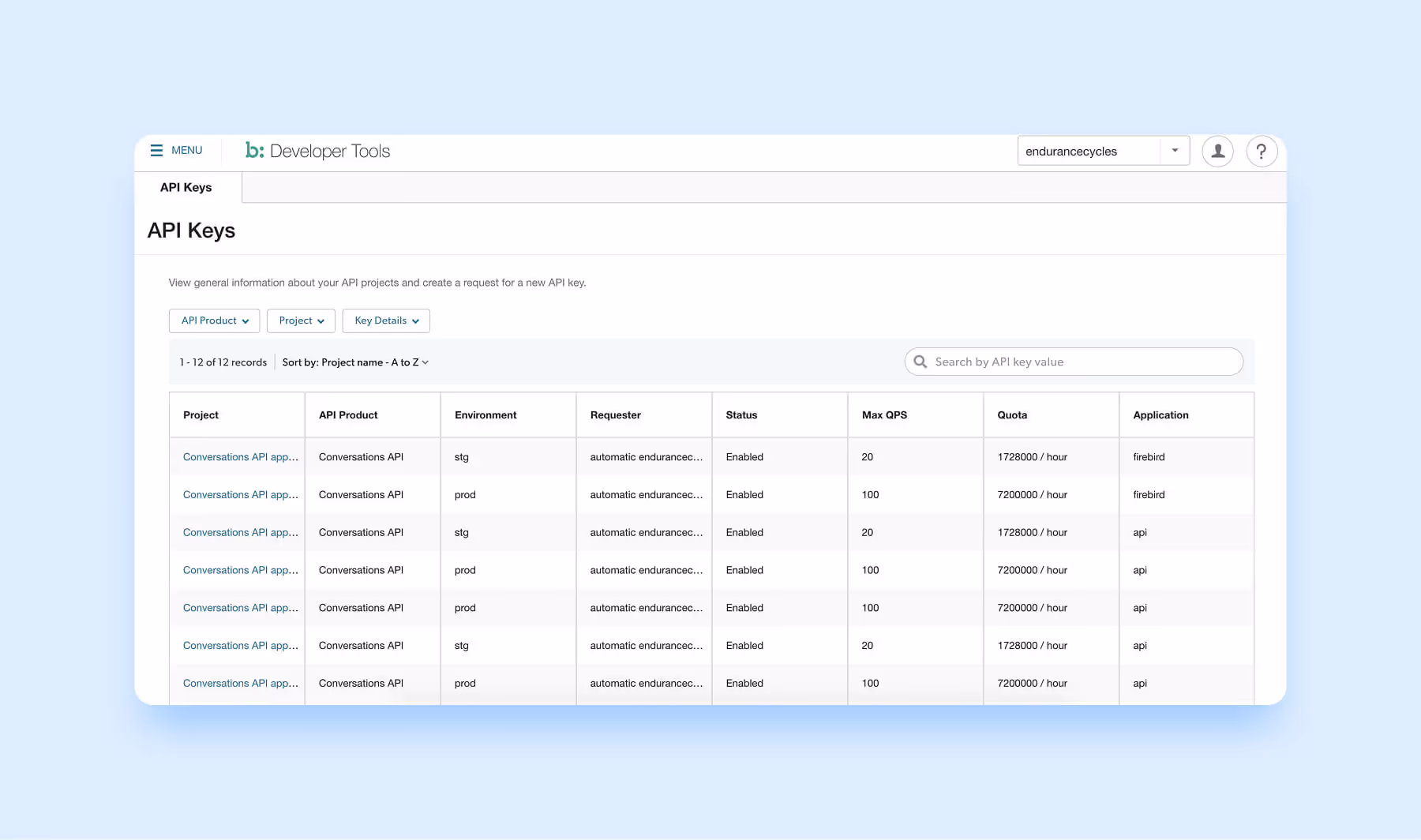 Developer API keys dashboard with key quotas, environments, and status
