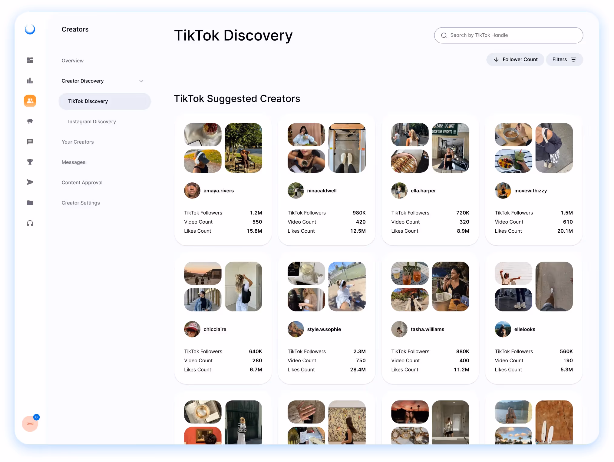 TikTok creator discovery dashboard with suggested influencers and key performance stats