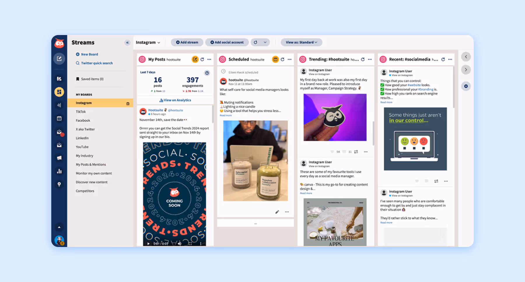 Social media content dashboard in Hootsuite showing scheduled and trending posts