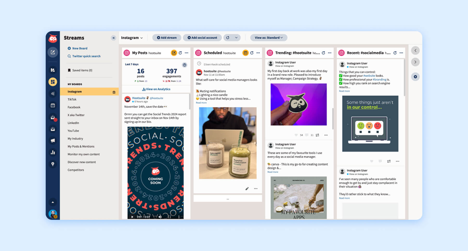 Social media content dashboard in Hootsuite showing scheduled and trending posts