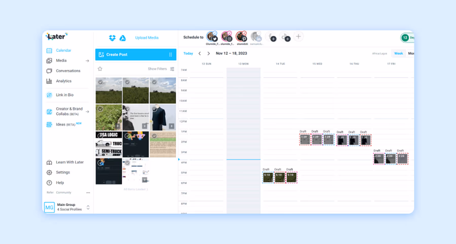 Later content calendar showing scheduled social media drafts for multiple platforms
