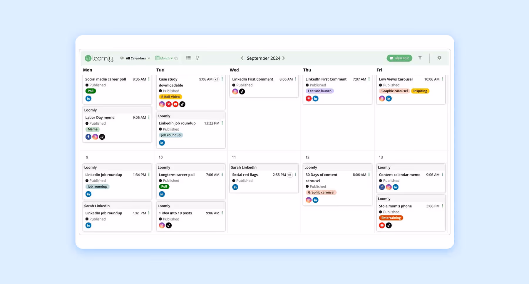 Social media content calendar in Loomly with scheduled posts across multiple channels