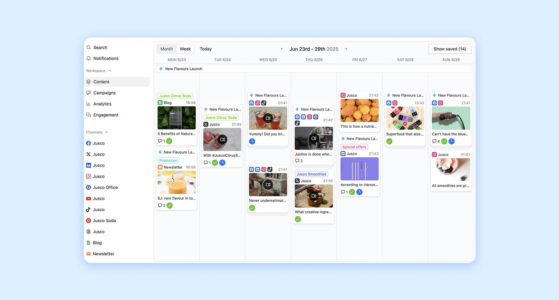 Content calendar in Buffer showing scheduled posts across social media for Jusco brand