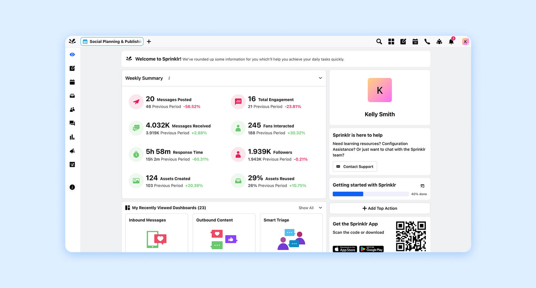 Sprinklr summary dashboard showing weekly engagement, response time, and fan activity