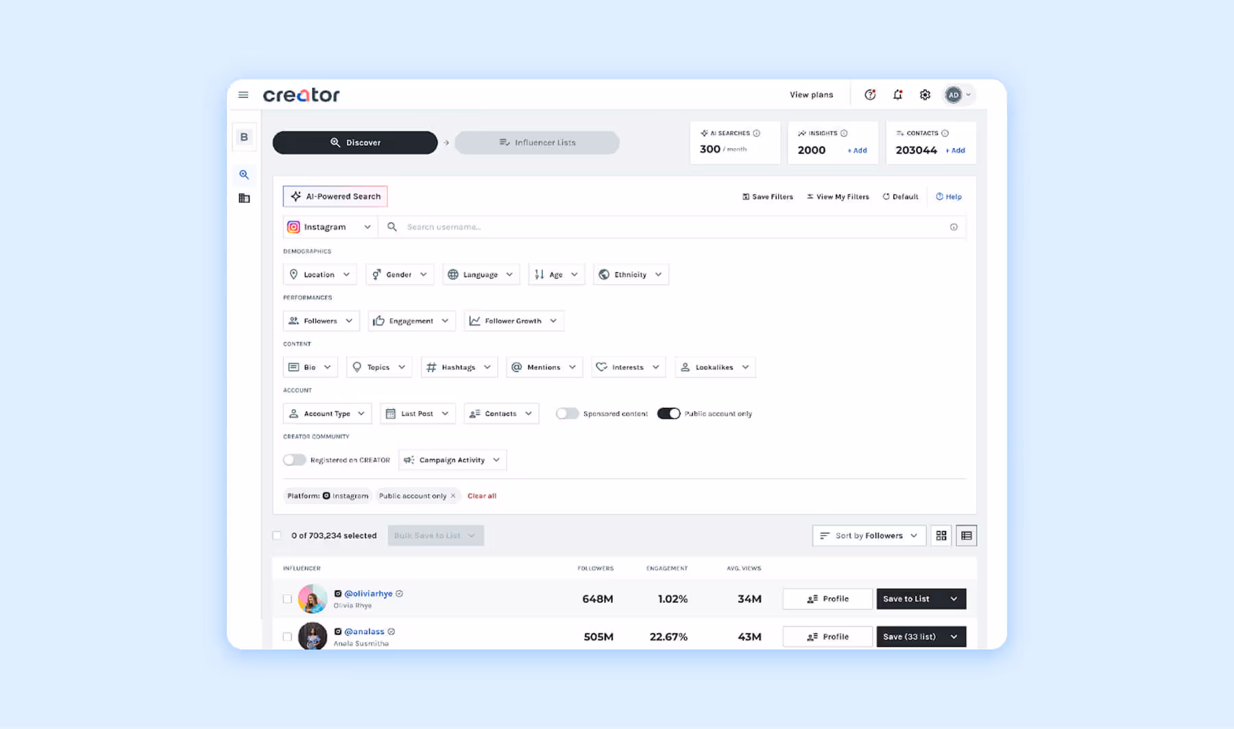Creator.co AI-powered search with detailed filters for influencer discovery and analysis