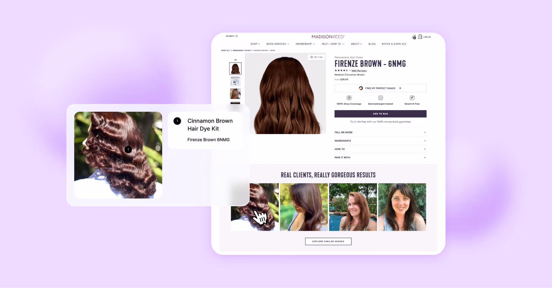Example of shoppable images showing hair dye product and real client results on Dash Social