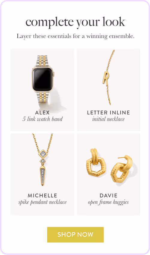 Shoppable jewelry ad featuring a watch band, initial necklace, pendant necklace, and gold huggie earrings