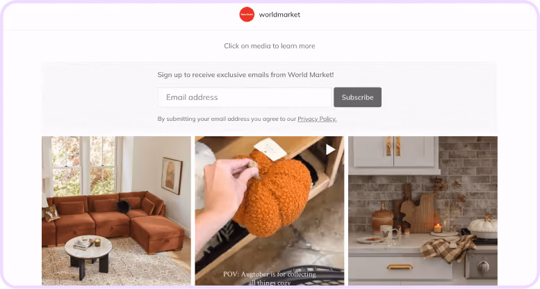 Shoppable content section from World Market featuring cozy home decor and seasonal product images