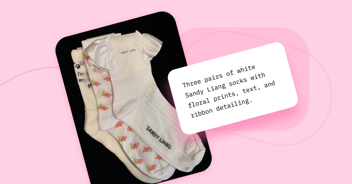 Three white Sandy Liang socks with ribbon, floral, and text details on Dash Social for social media 