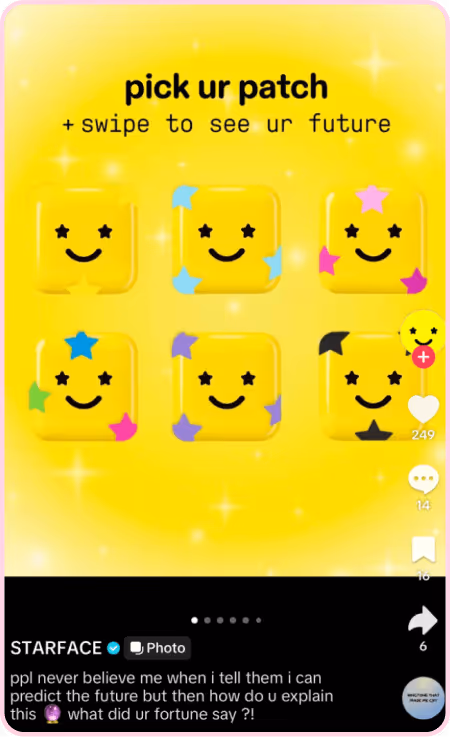 Bright yellow Starface patches with stars shown in an interactive fortune-themed TikTok post
