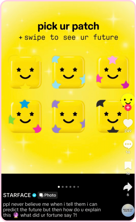 Bright yellow Starface patches with stars shown in an interactive fortune-themed TikTok post