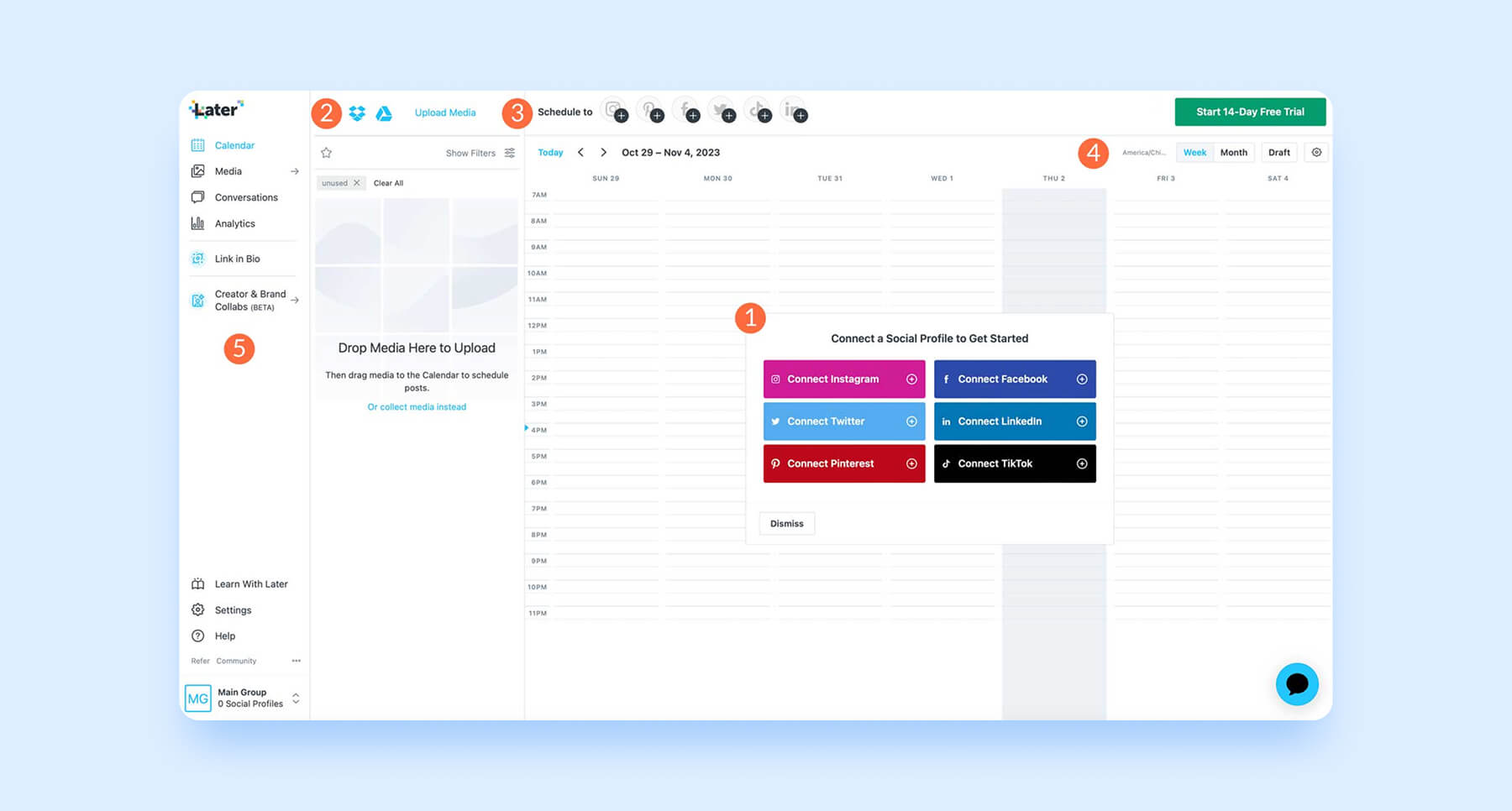 Later dashboard prompting users to connect social accounts and schedule media posts.