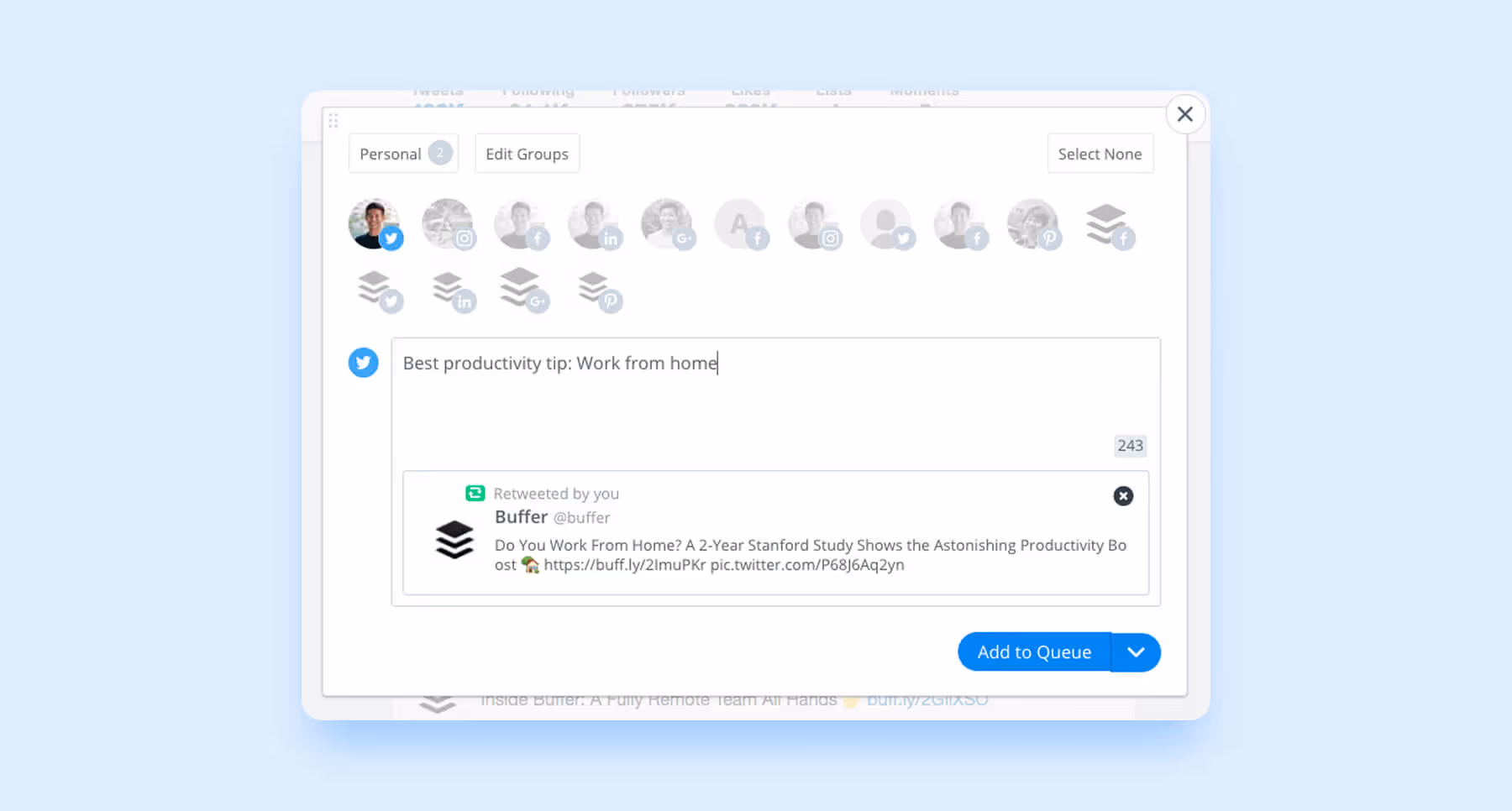 Buffer interface showing queued social post with retweet and scheduling options.