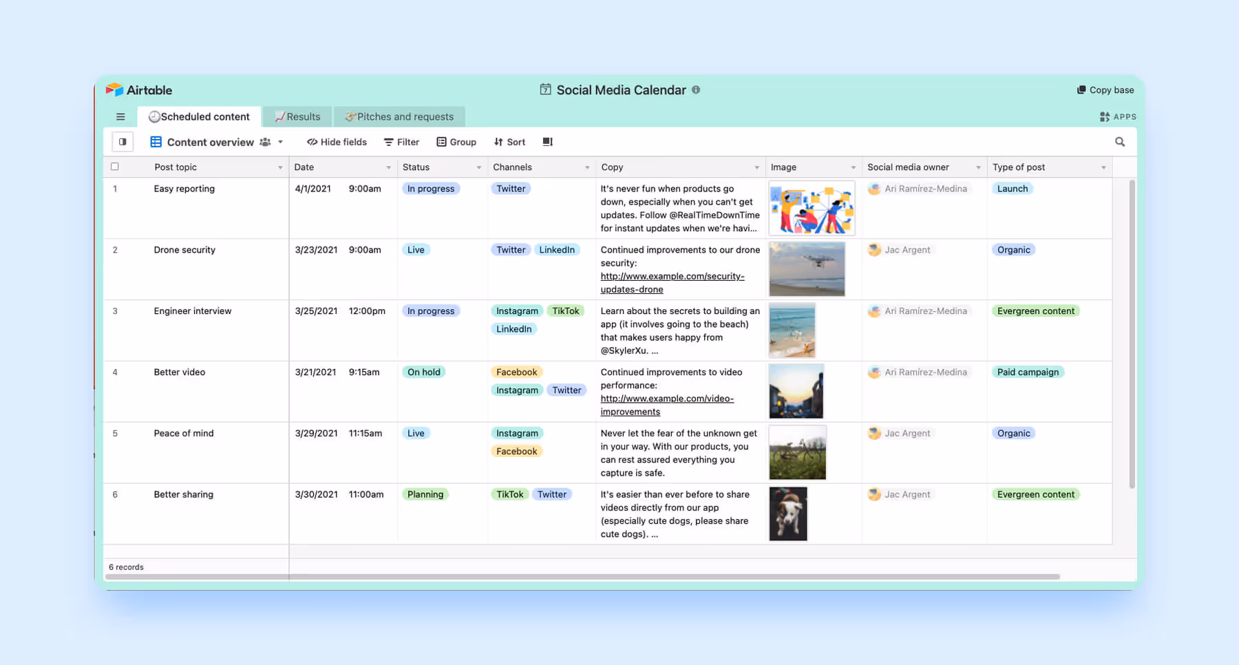Airtable social media calendar displaying scheduled content by platform and status.