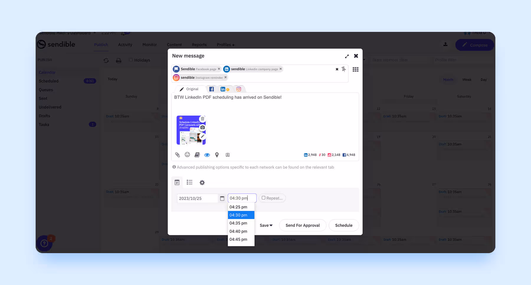 Sendible post composer with media attachment, calendar picker, and schedule options.