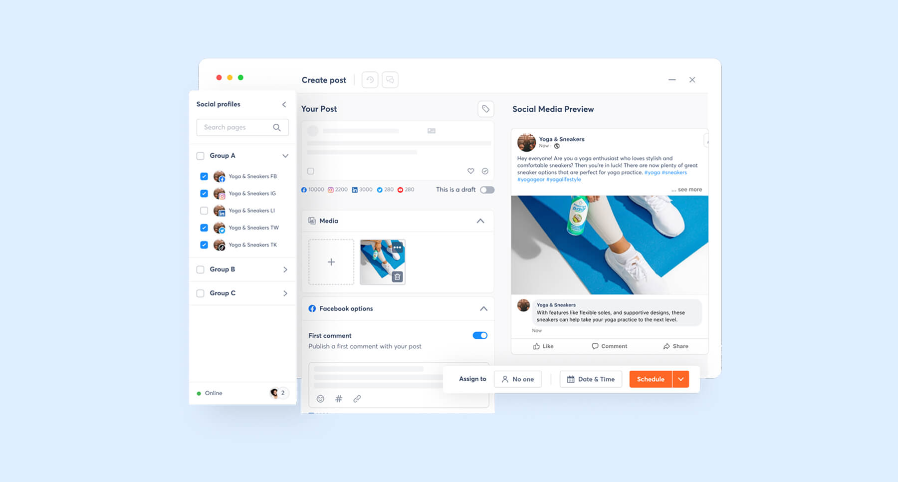 Social media post composer with preview and profile selection for content scheduling.