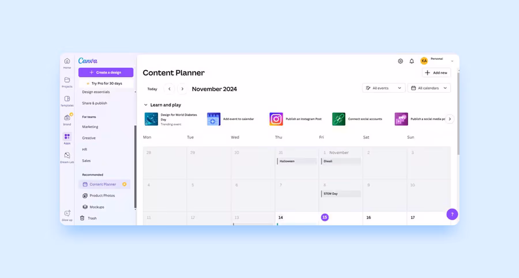 Canva content planner showing a calendar view with scheduled Instagram posts.