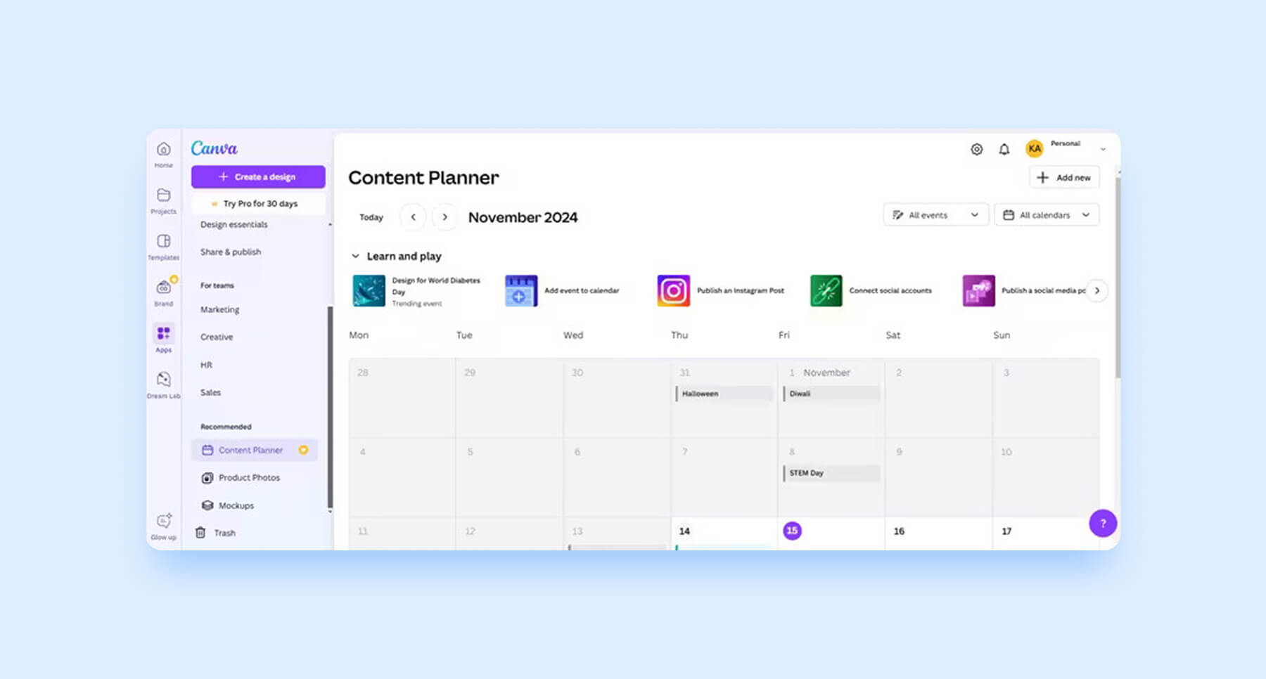 Canva content planner showing a calendar view with scheduled Instagram posts.
