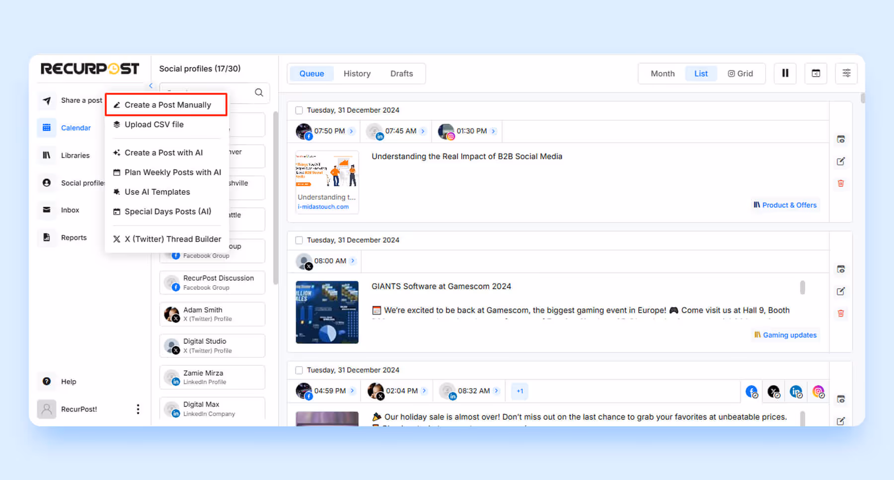 RecurPost dashboard with queue list view and post creation options menu.