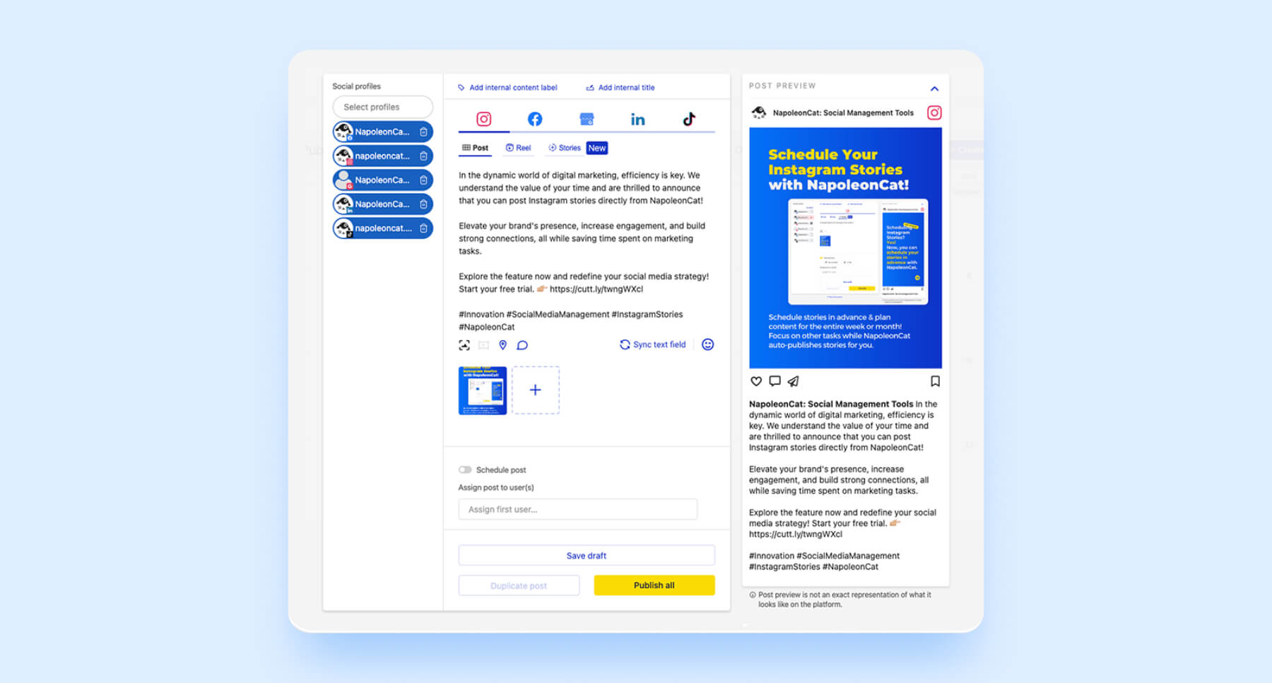 NapoleonCat post creator with Instagram preview and profile selection panel.